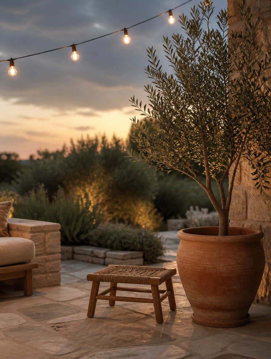 Festoon lights over a stone patio at dusk with an olive tree