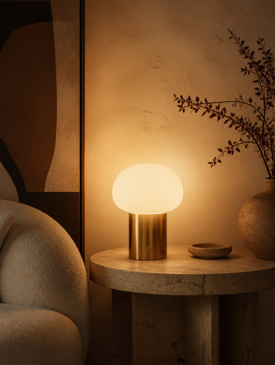 A brass and opal glass table lamp glowing on a stone side table
