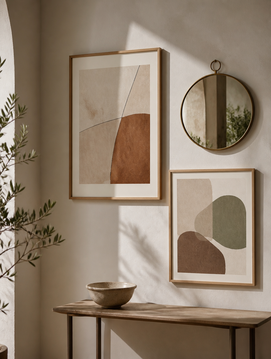 Framed abstract prints and a round brass mirror on a plaster wall