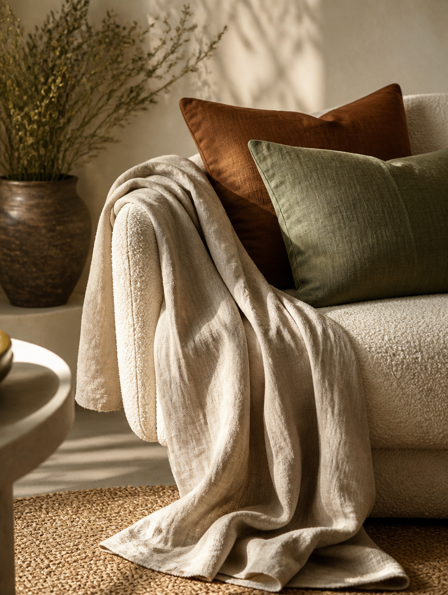 A linen throw over a boucle chair with clay and sage cushions