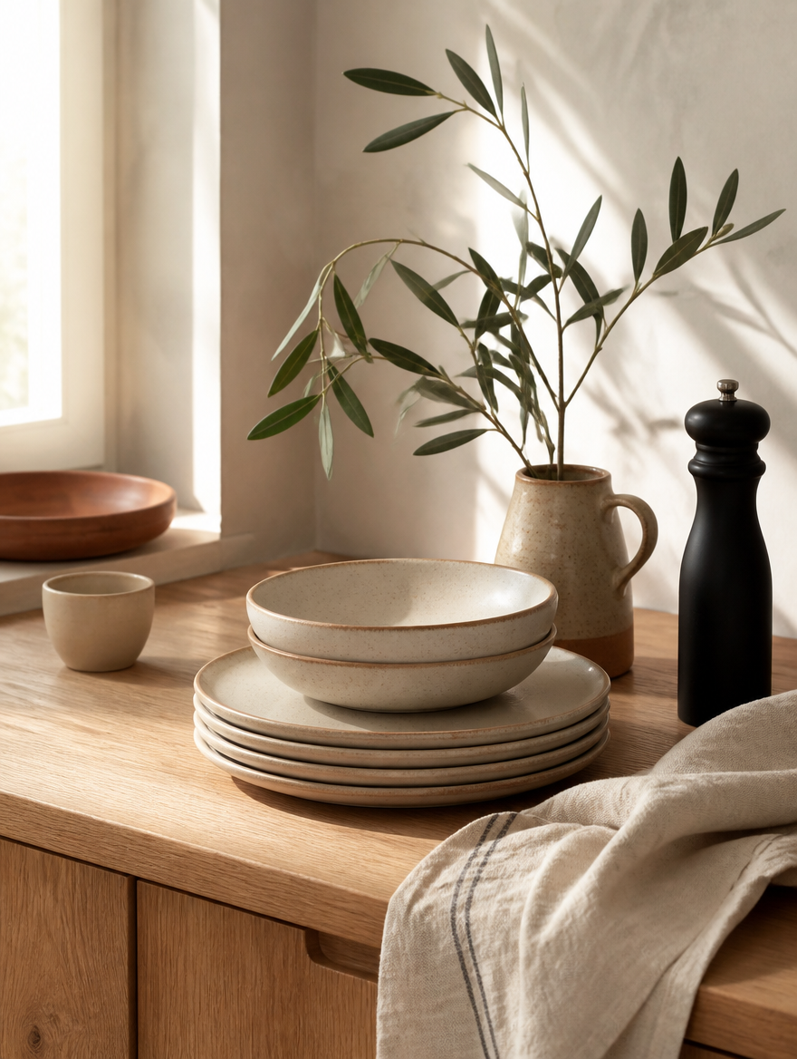 Stoneware plates and a linen tea towel on an oak counter