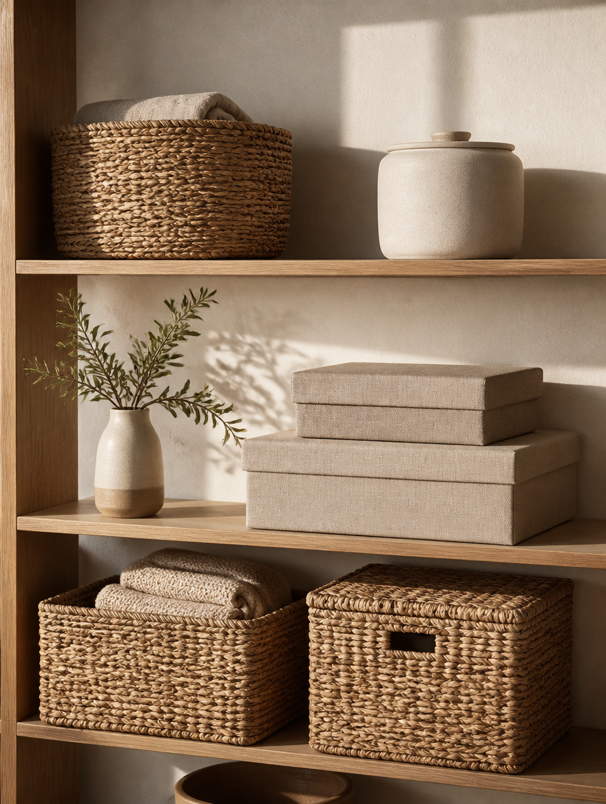 Woven baskets and linen boxes on open oak shelving