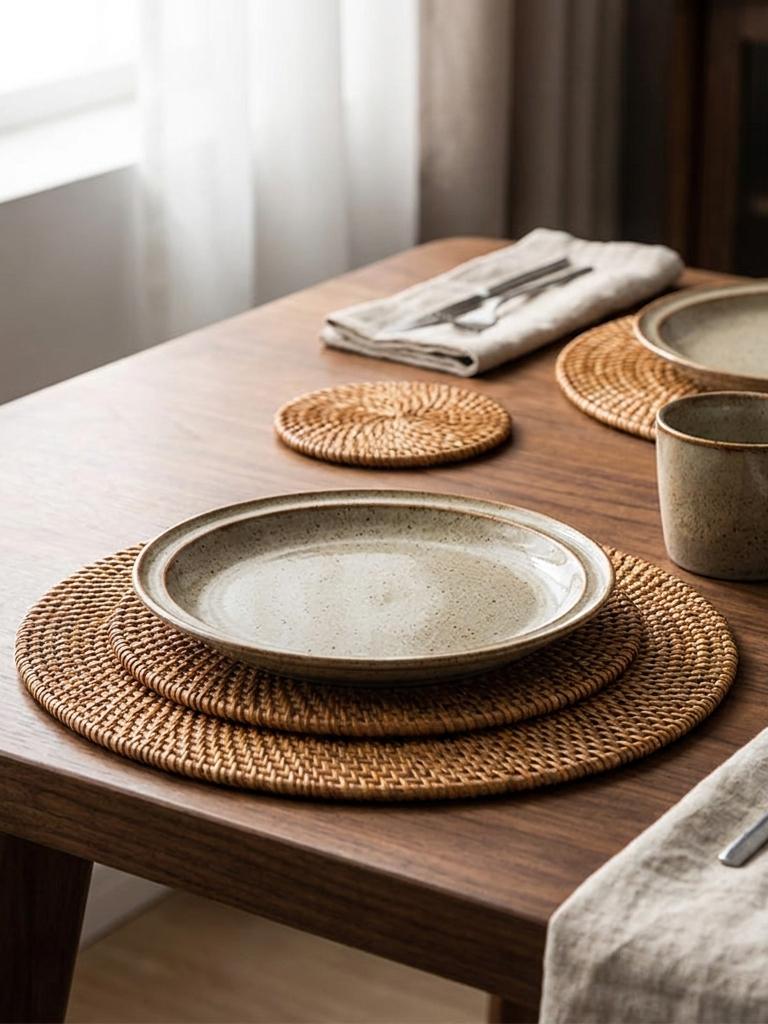 Rattan placemats and stoneware laid on a walnut dining table