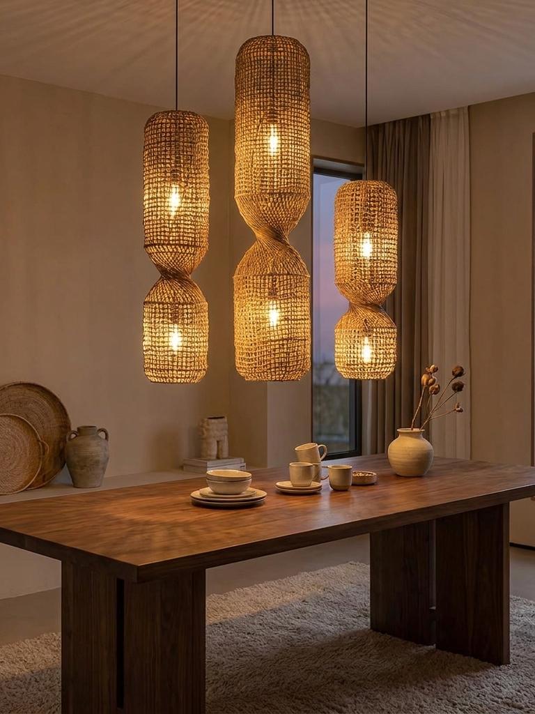 Rattan pendant lights lit above a walnut dining table