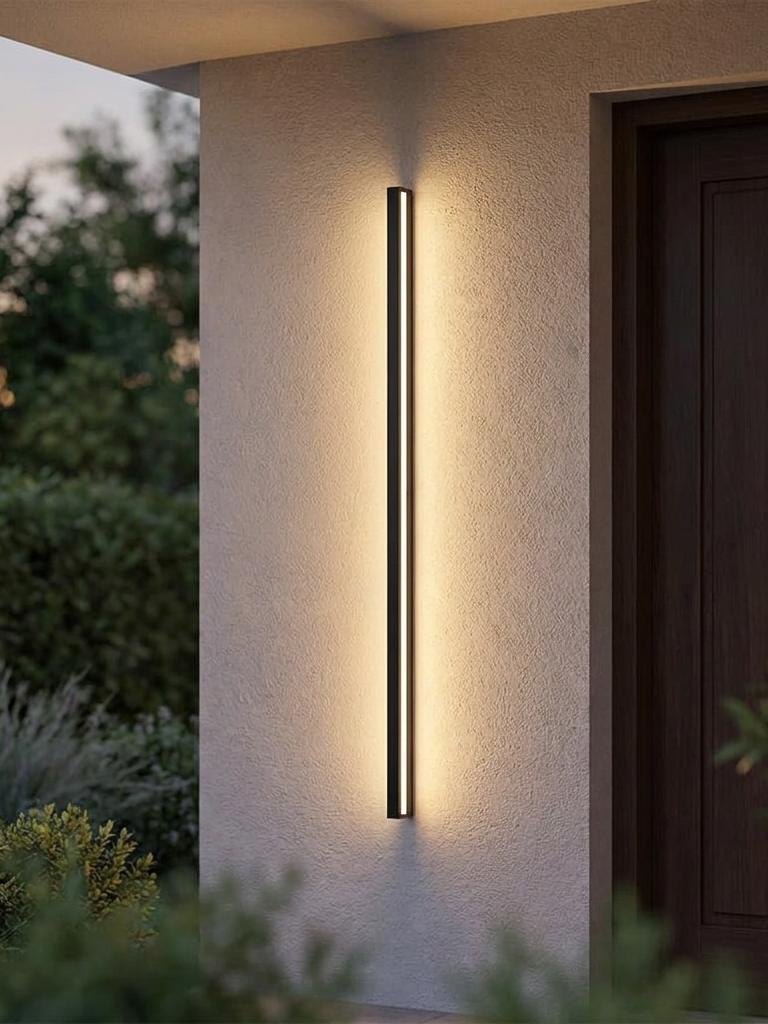 Slim outdoor wall light glowing on a rendered exterior wall at dusk