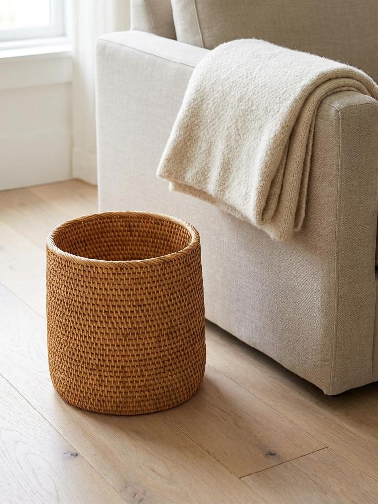 Woven rattan basket beside a linen sofa on pale oak flooring