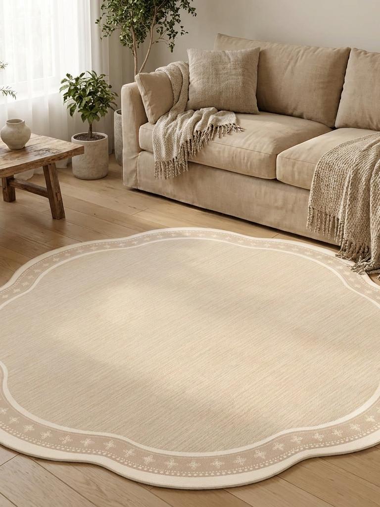 Cream scalloped round rug on pale oak flooring in a neutral living room