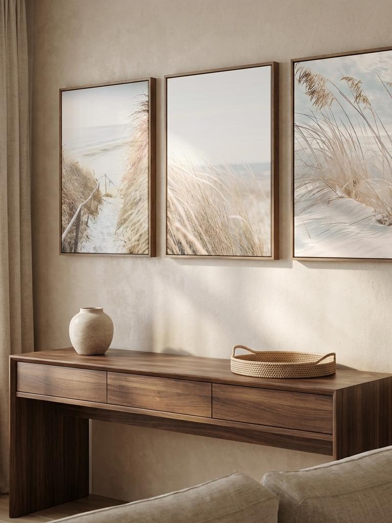 Framed triptych wall art hung above a walnut console