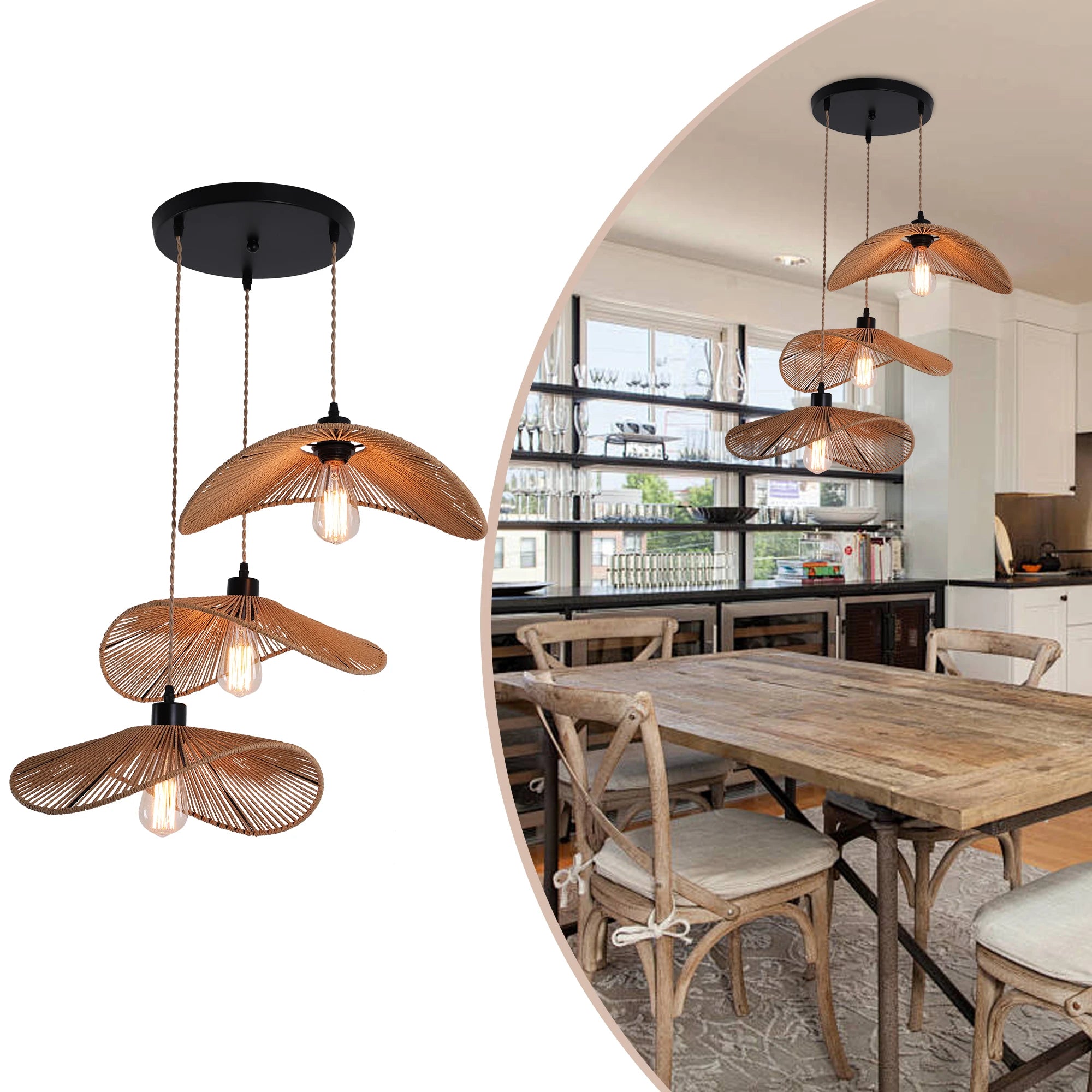 Modern Rattan Pendant Light | Coire 3-Light Hanging Lamp