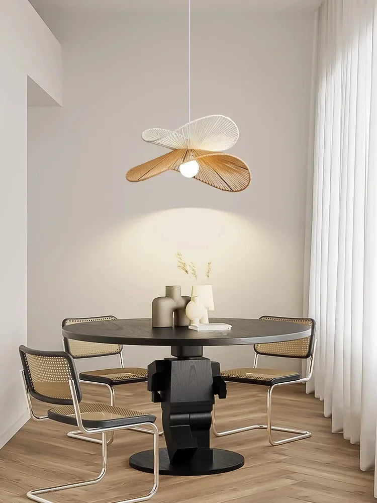 Modern Rattan Chandelier | Teal Hanging Ceiling Light for Living Room