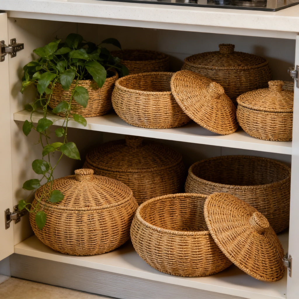 Modern Rattan Storage Basket | Hazel Woven Organizer for Kitchen
