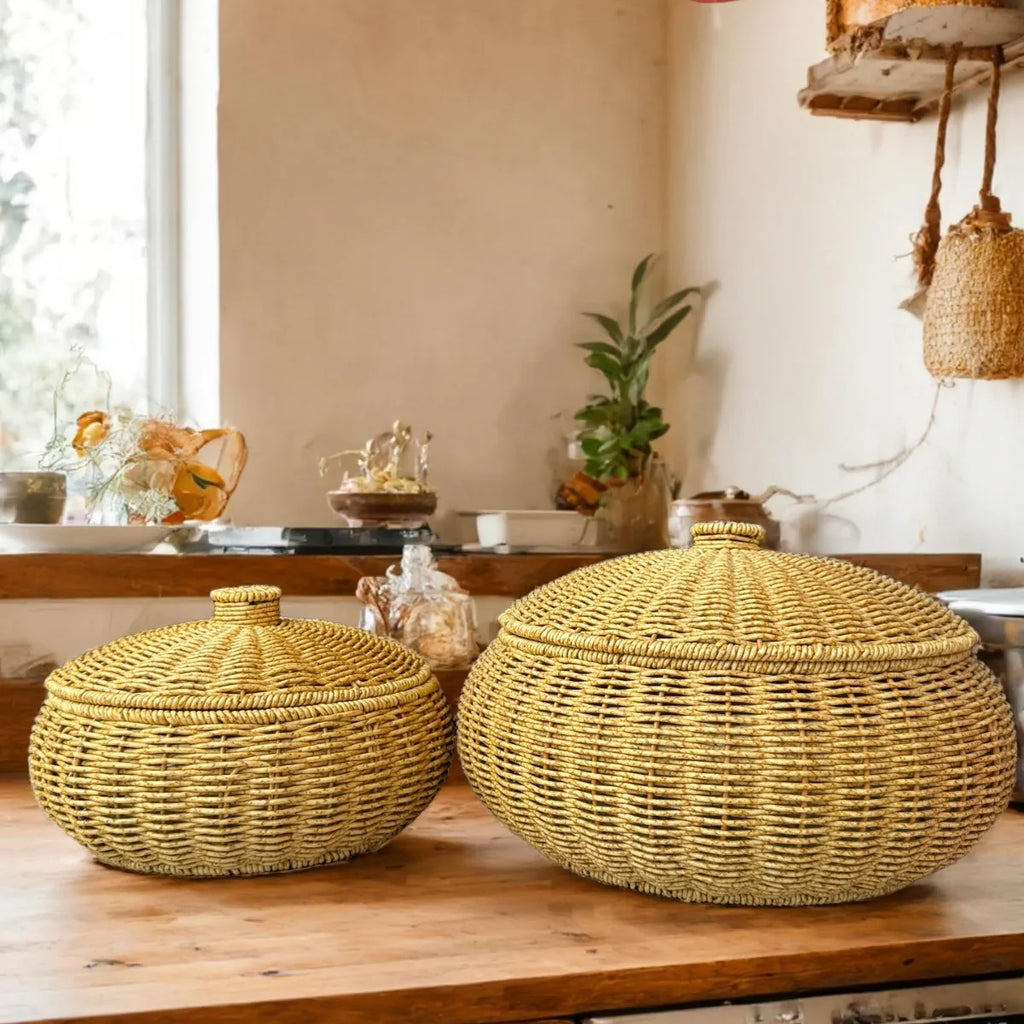 Modern Rattan Storage Basket | Hazel Woven Organizer for Kitchen