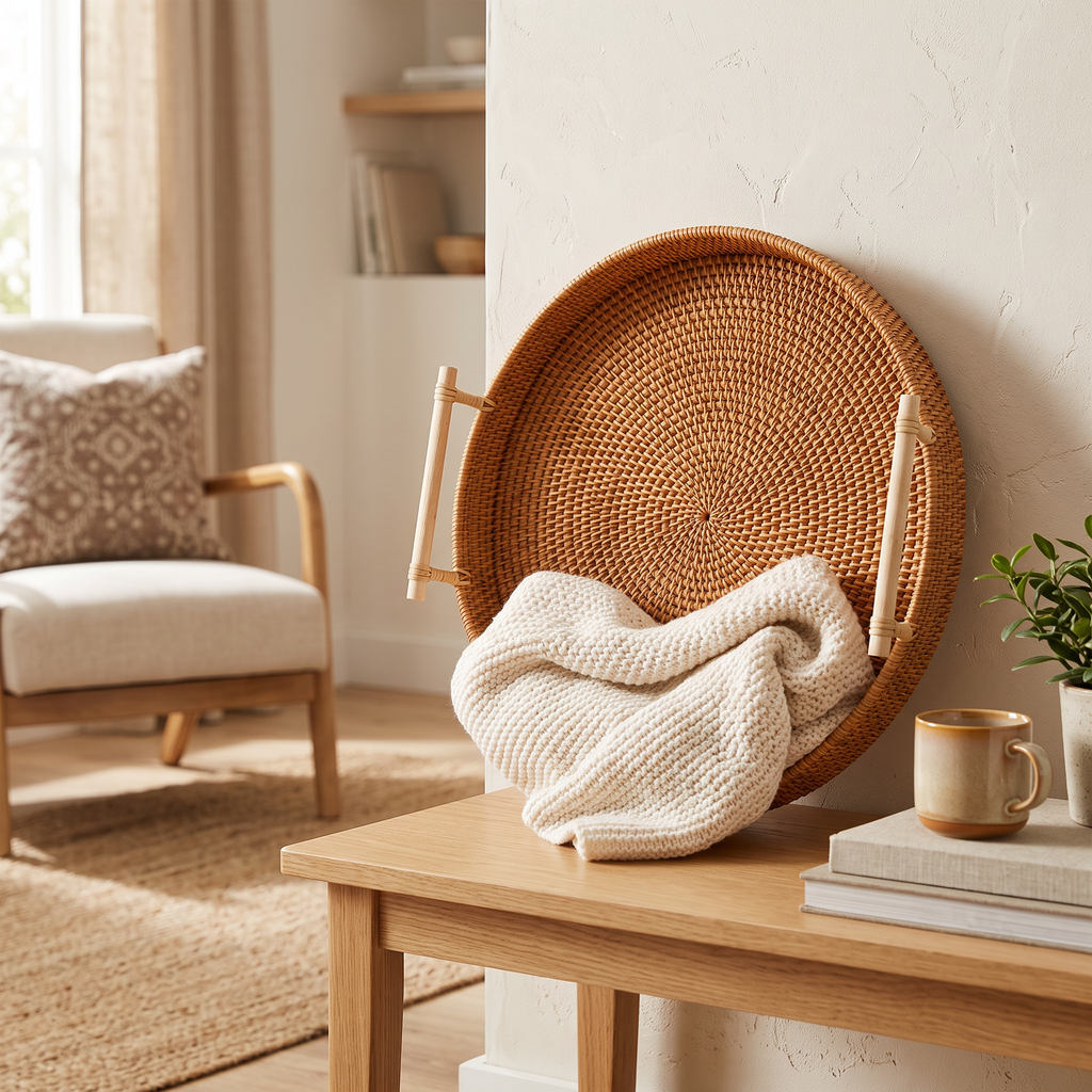 Modern Rattan Storage Basket | Heather Woven Organizer for Kitchen