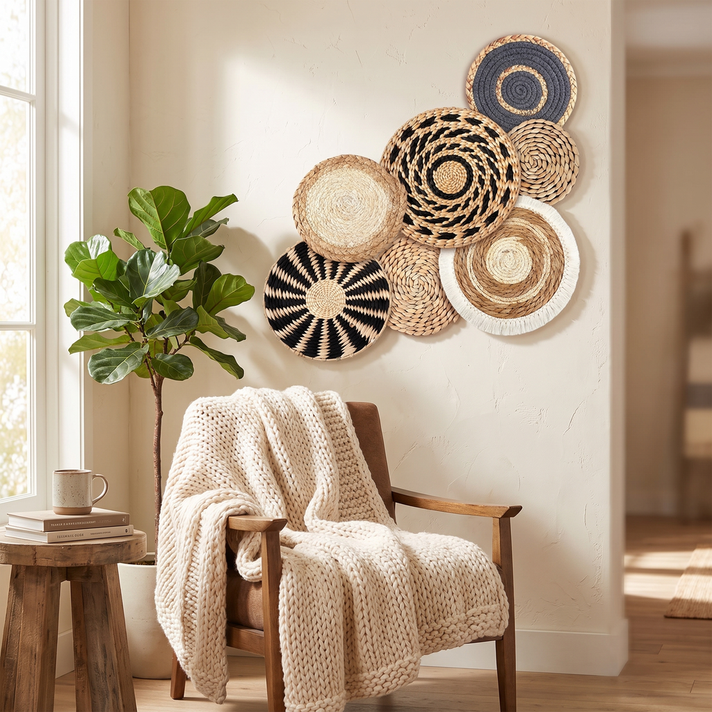 Modern Rattan Wall Basket | Combe Set of 7 Boho Wall Decor