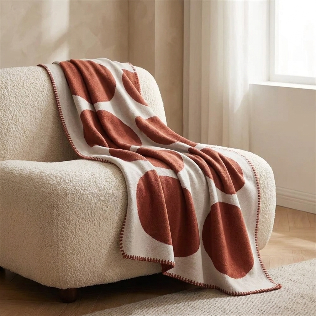 Iona sofa throw draped over a boucle armchair in a calm neutral room