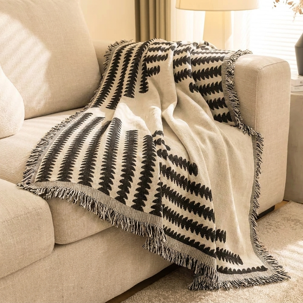 Eden sofa throw over the corner of a linen sofa in soft daylight