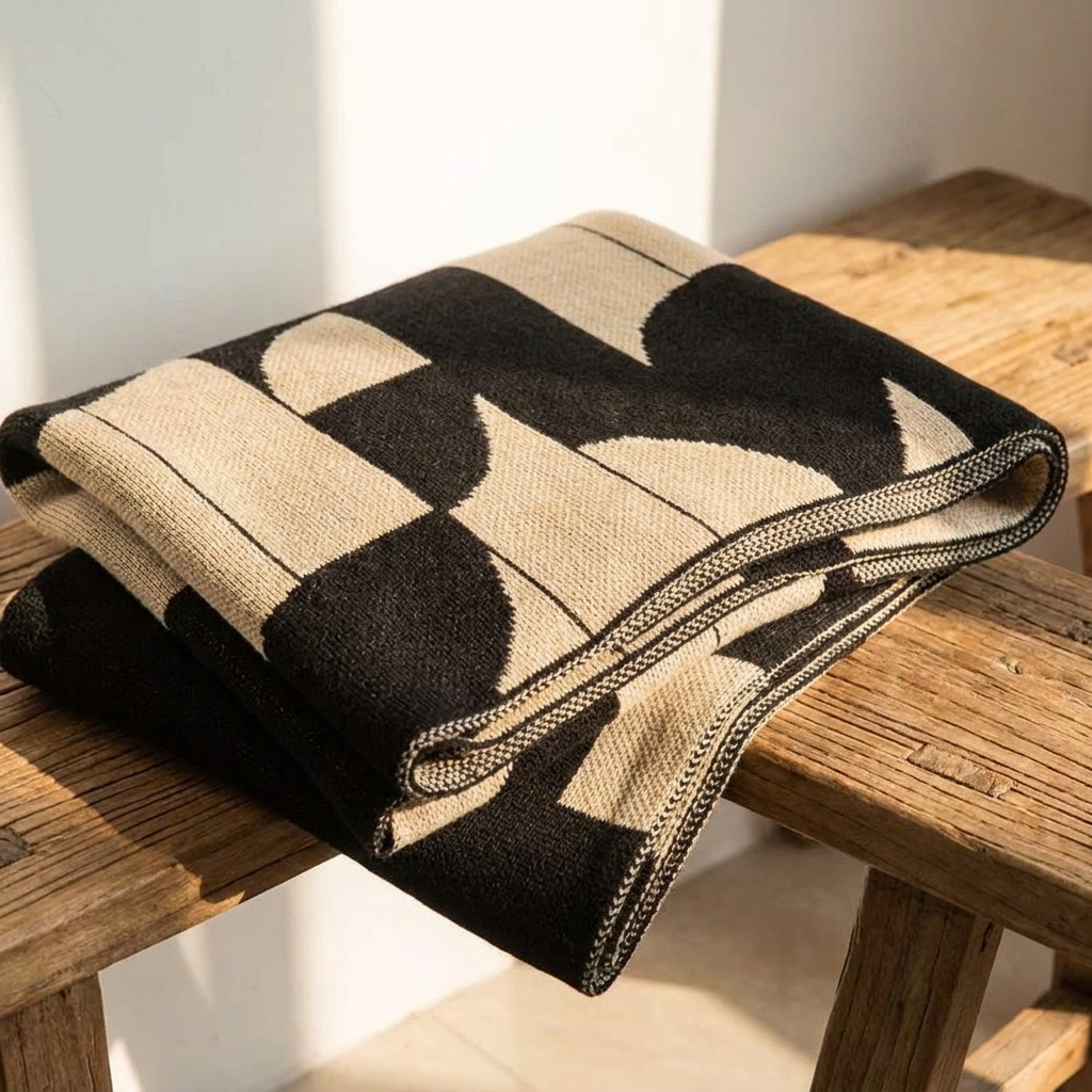 Weir blanket folded on a wooden bench showing its weave and edge stitching