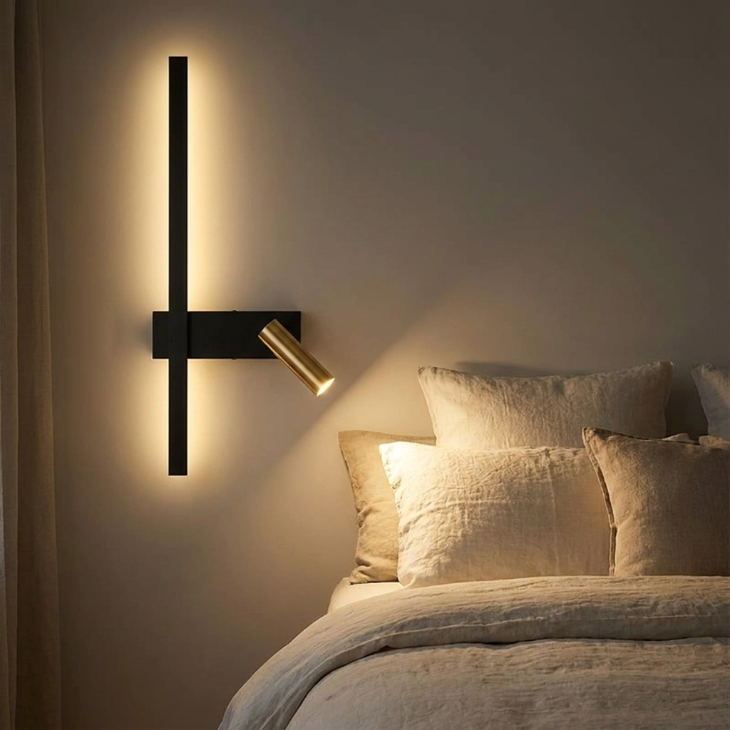 Melby wall light used as a reading light, warm light on a plaster wall