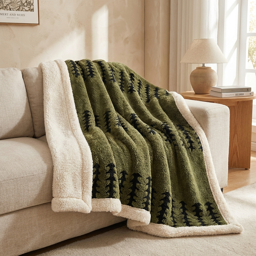 Noup flannel blanket in olive green with sherpa reverse draped over a linen sofa