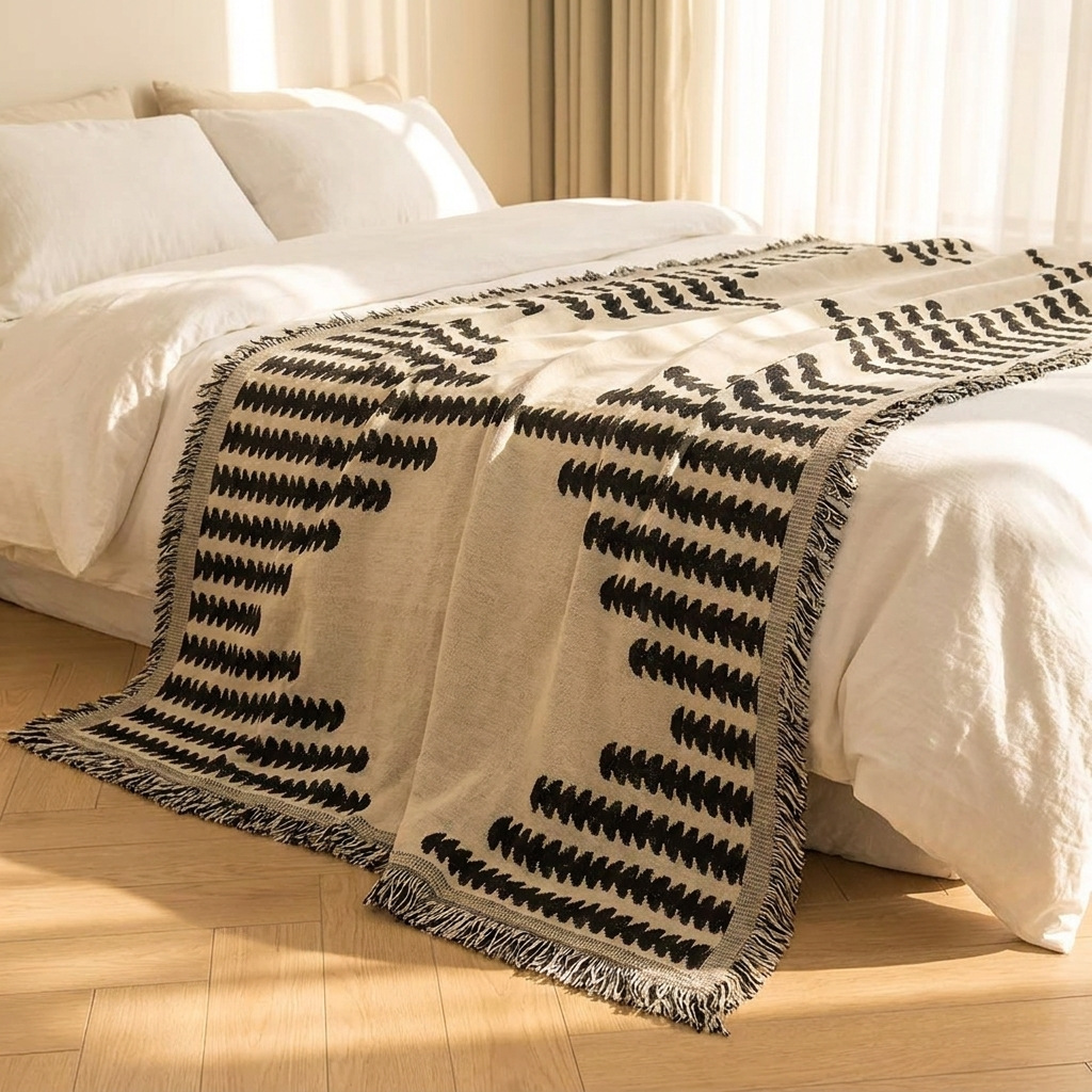 Eden throw blanket draped over the end of a made bed on pale oak flooring