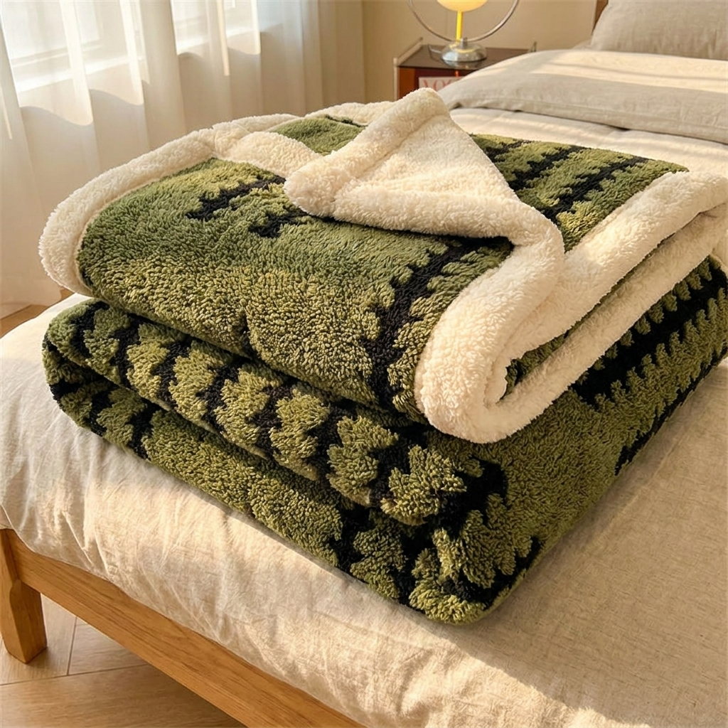 Noup flannel blanket folded on the end of a made bed showing its soft pile