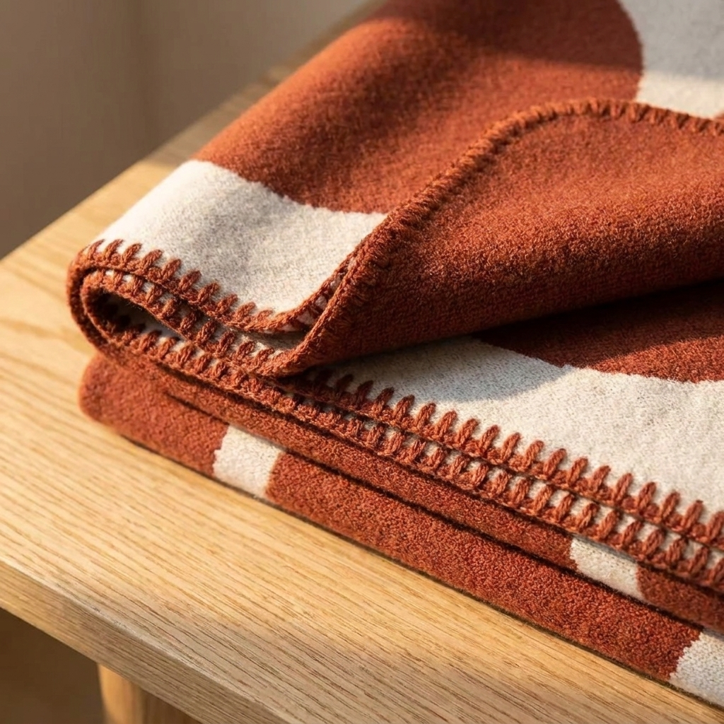 Iona throw folded on a pale oak surface showing weave and hem detail