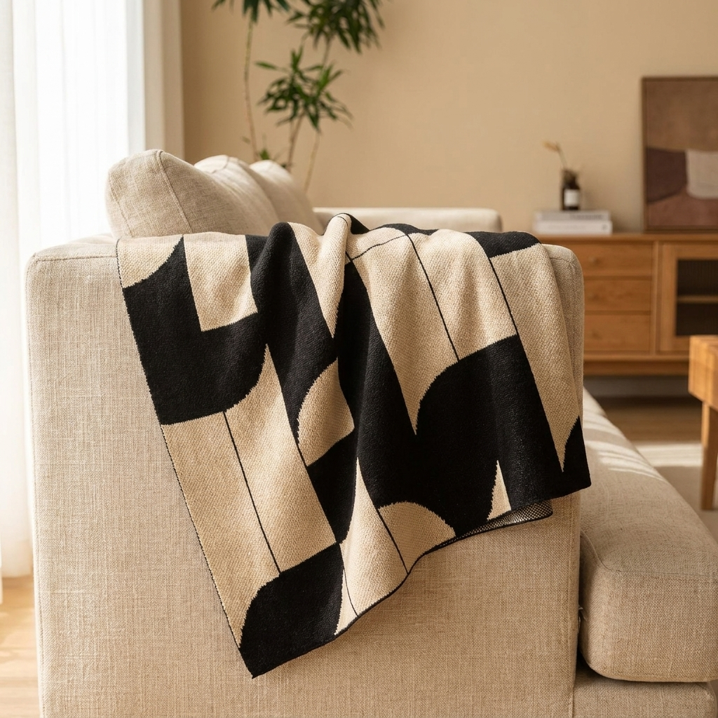 Weir cozy throw blanket draped over a linen sofa in a warm neutral living room