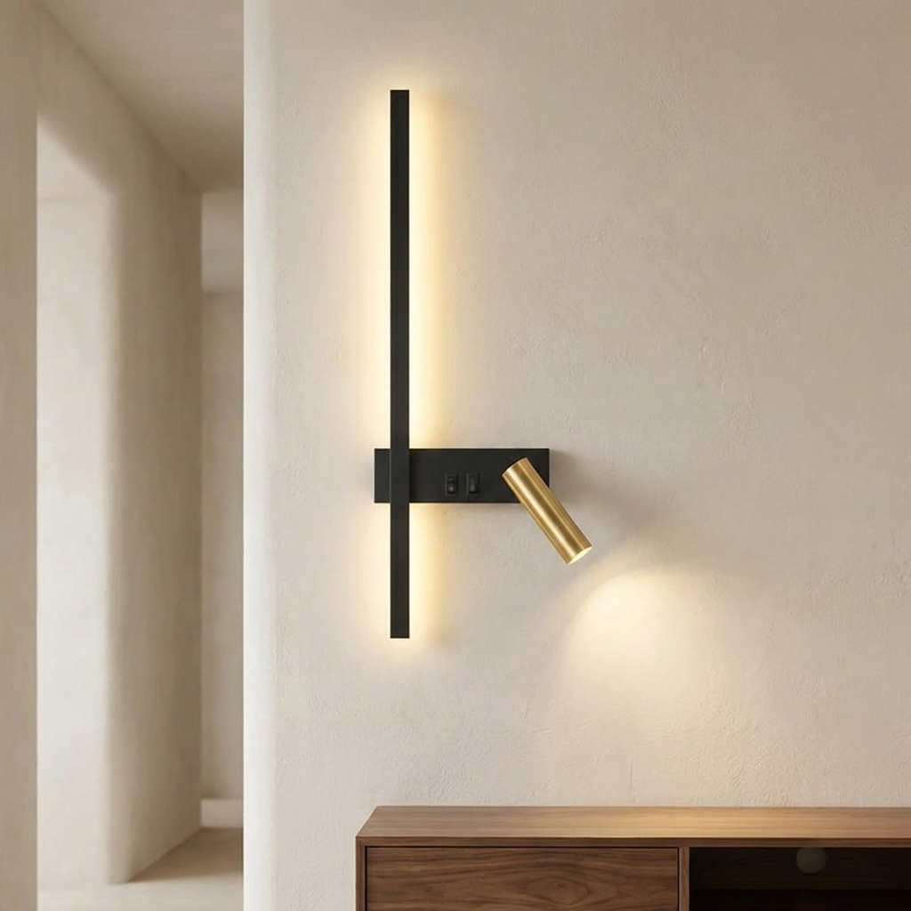 Melby wall light mounted on a plaster hallway wall above a walnut console