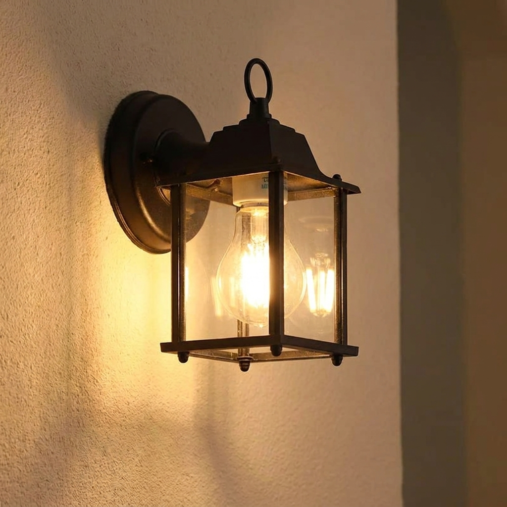 Well wall light lit on a warm plaster interior wall