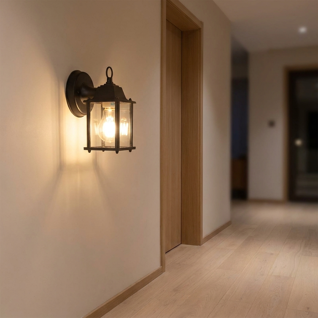 Well wall light in a hallway, warm light falling onto pale oak flooring
