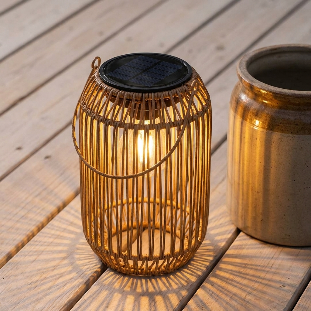 Bield rattan lantern on pale oak decking beside a stoneware pot