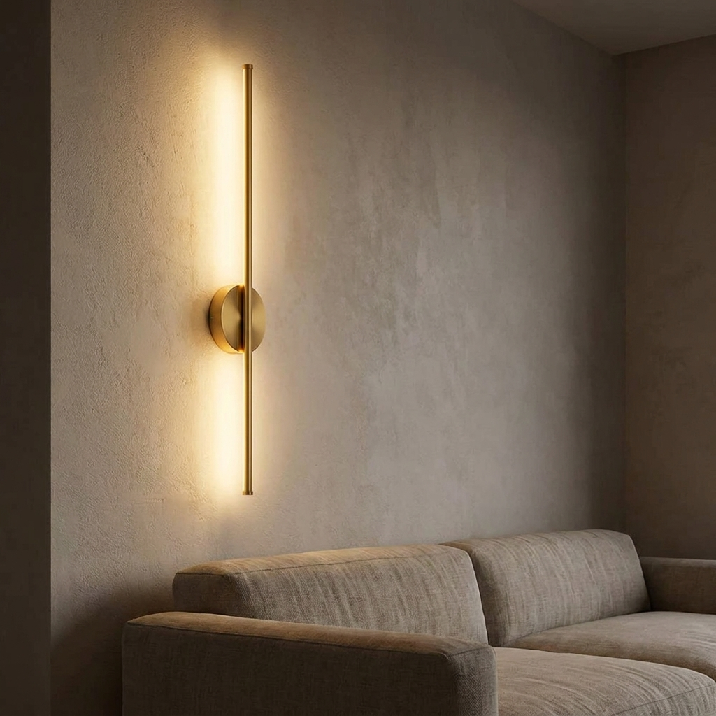 Nera wall light lit at night in a calm living room