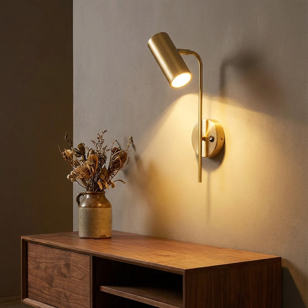 Alder wall sconce above a walnut console with a stoneware vase at night