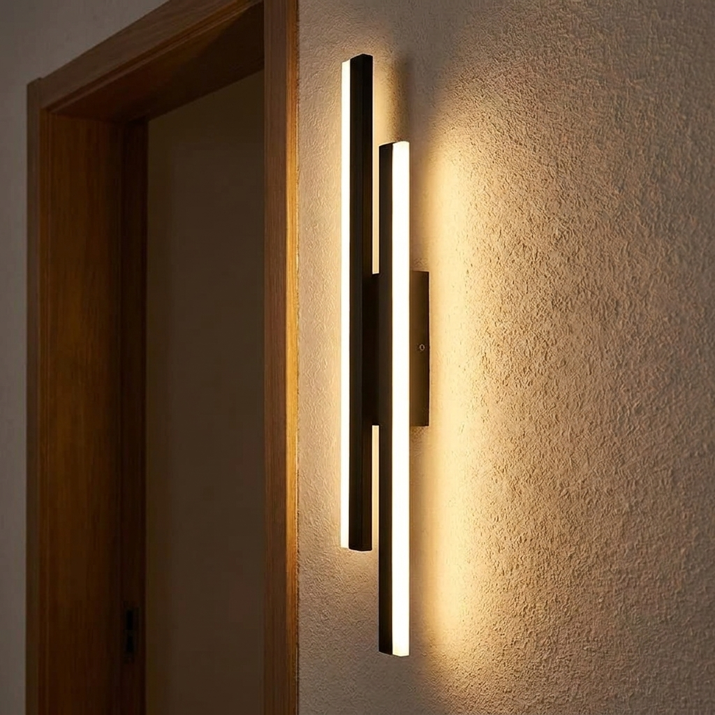 Orla wall light beside a doorway at night, warm light grazing the wall