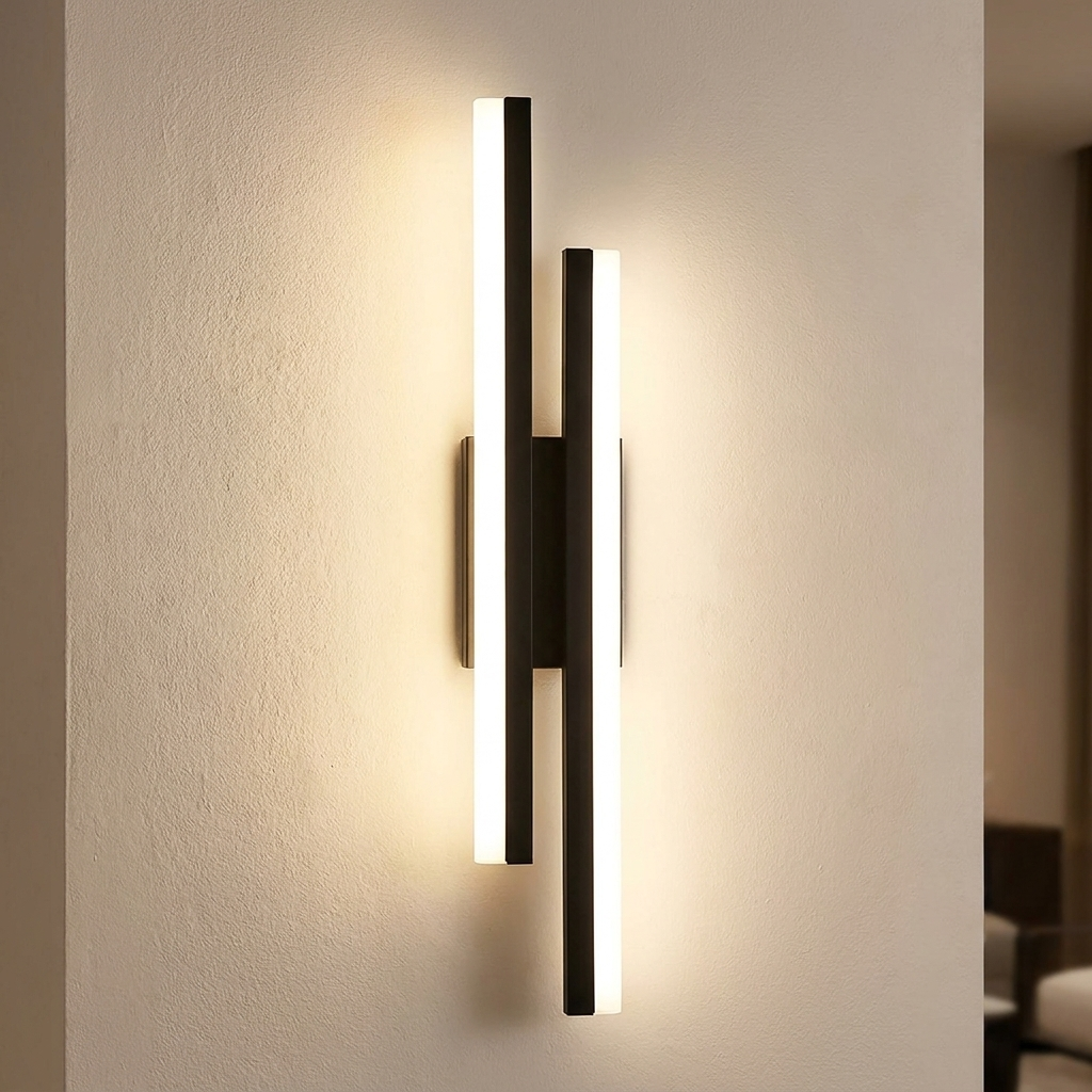Orla linear wall light lit on a warm plaster wall in a living room