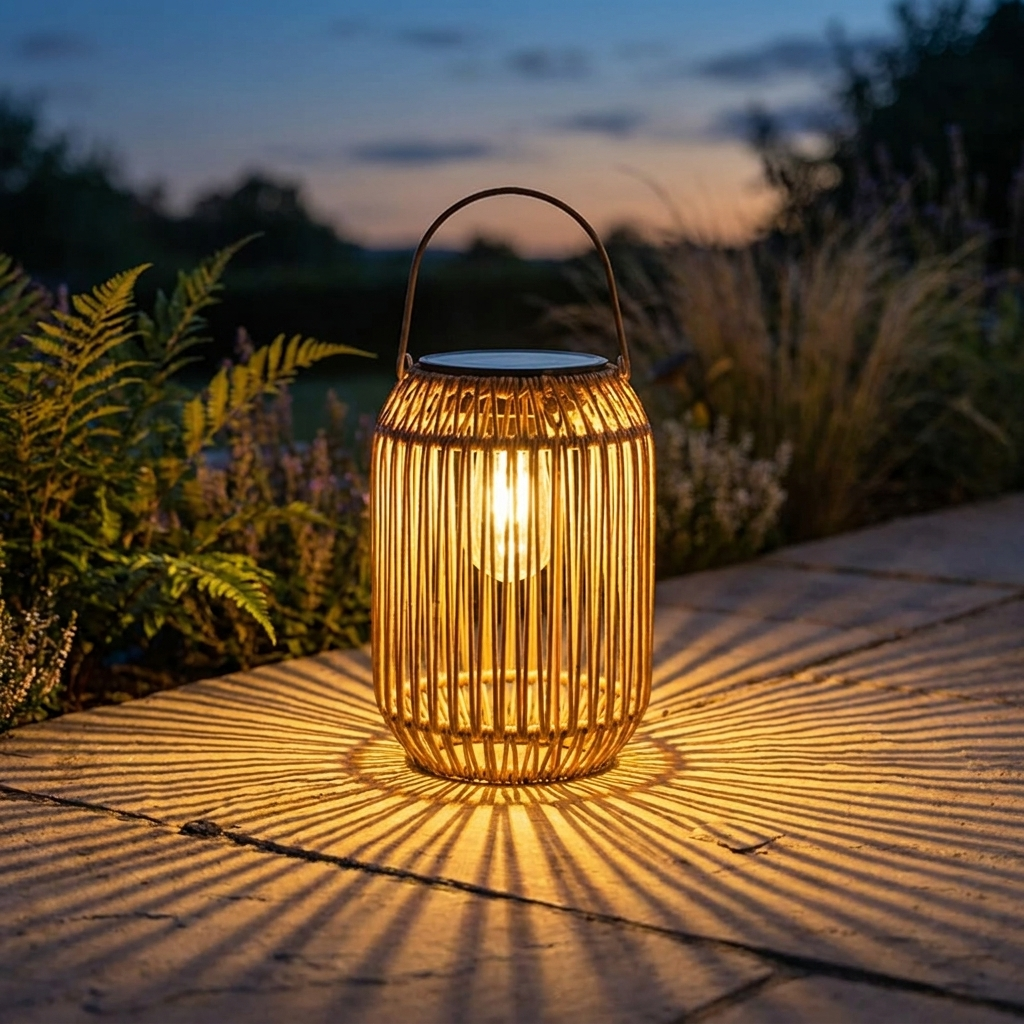 Bield rattan lantern glowing on a stone garden terrace at dusk