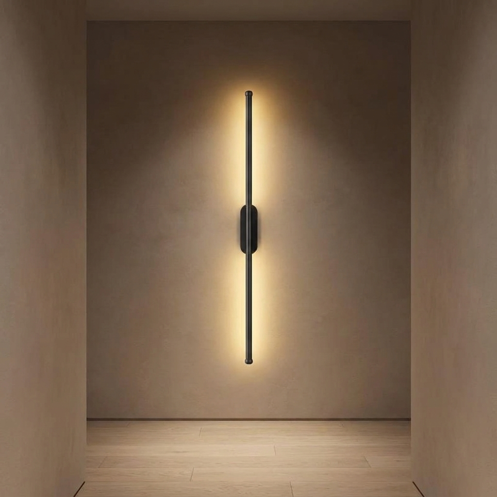 Quartz wall light in a hallway at night, warm light on the wall and oak floor