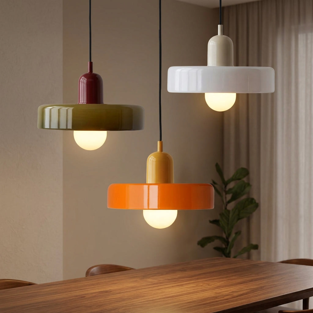 Sedge glass chandelier lit above a walnut dining table