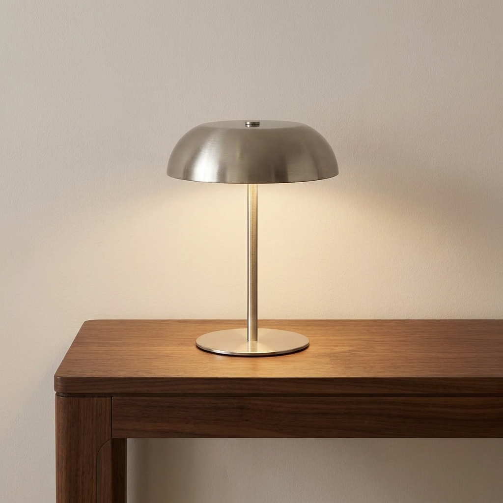 Ember table lamp lit on a walnut console against a plaster wall