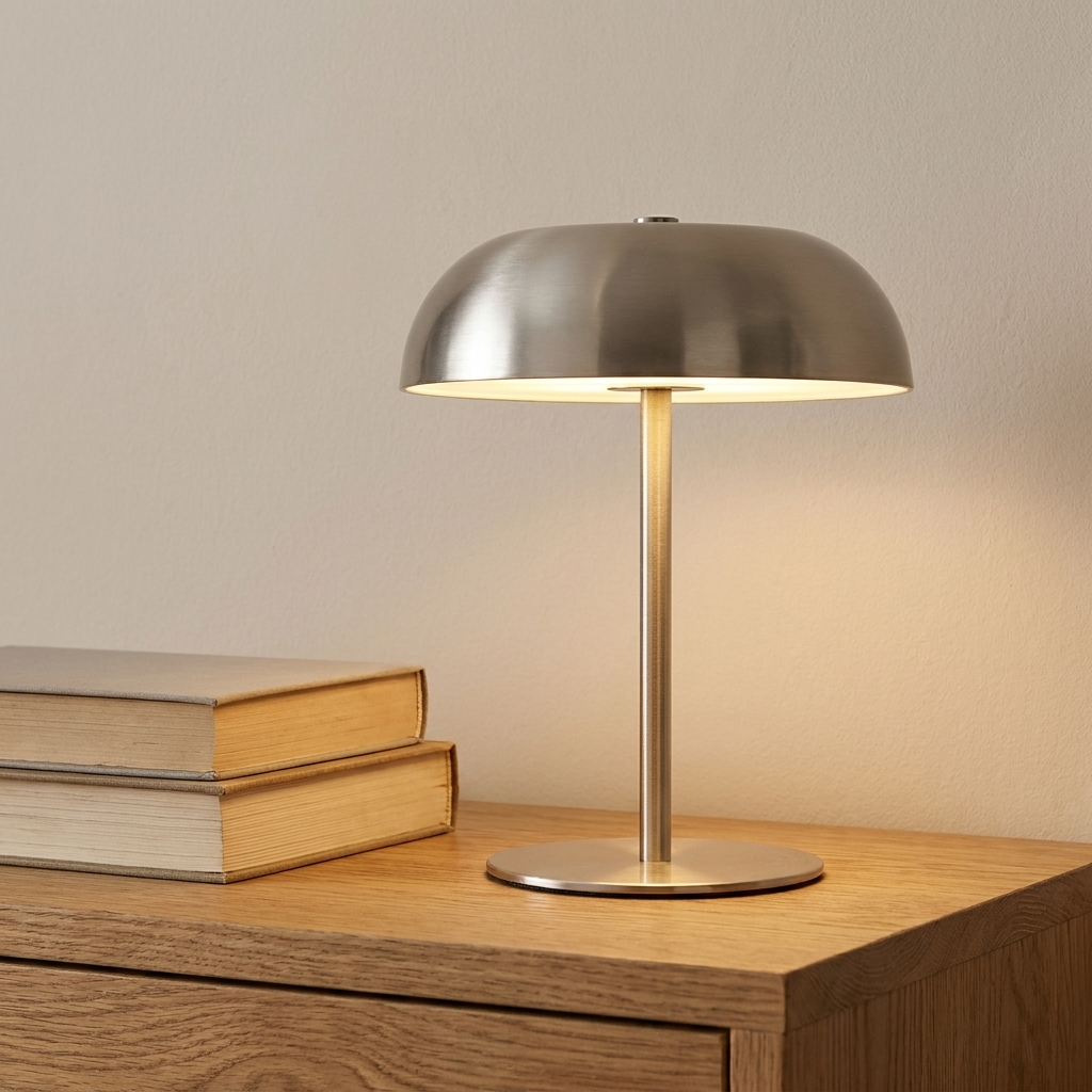 Ember table lamp beside two hardback books in warm side light