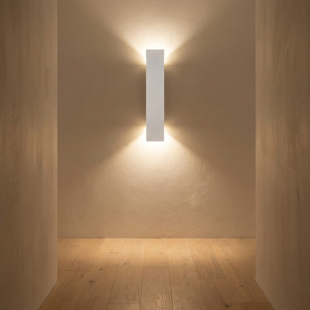 Thistle wall light in a hallway at night above pale oak flooring