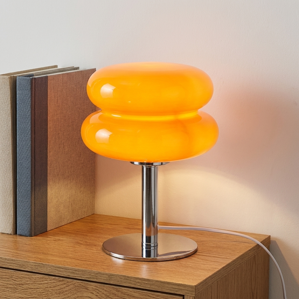 Marl table lamp beside two hardback books in warm side light