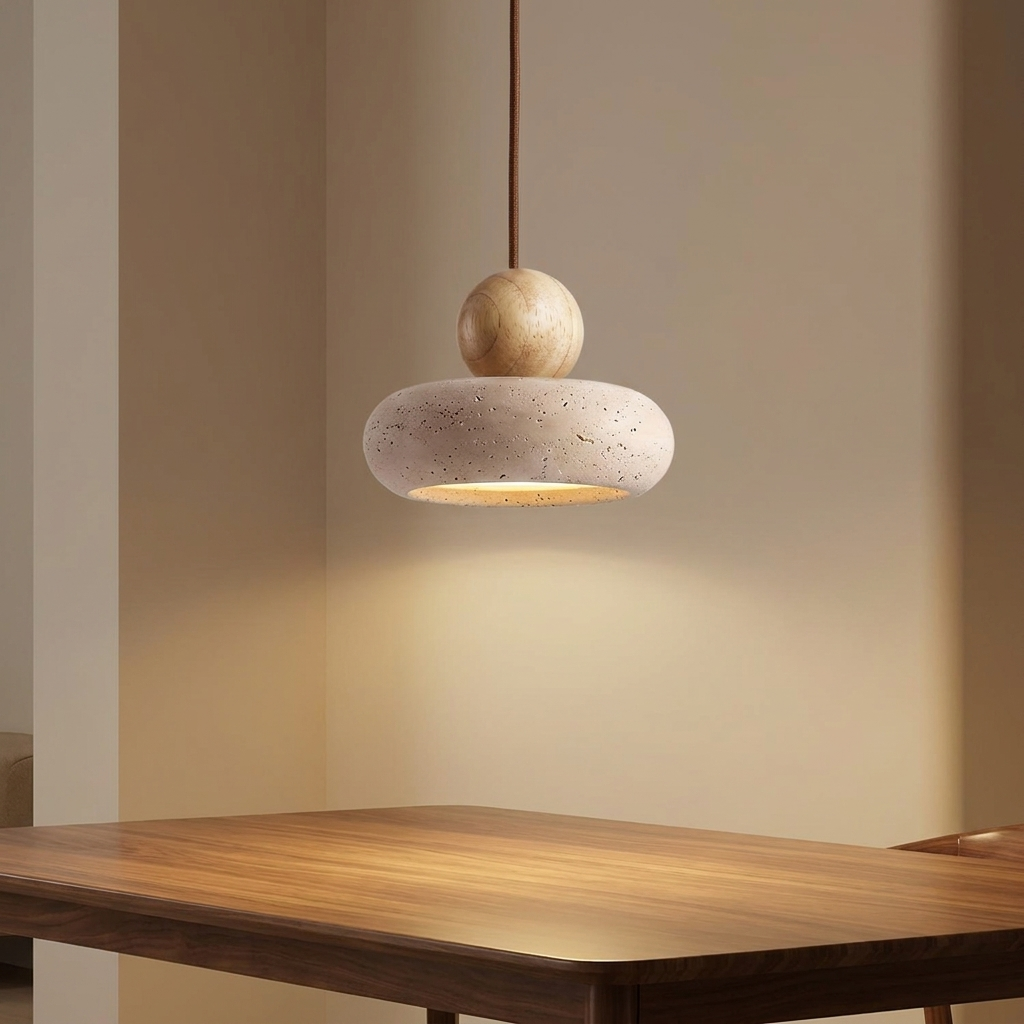 Hollin stone pendant light lit above a walnut dining table