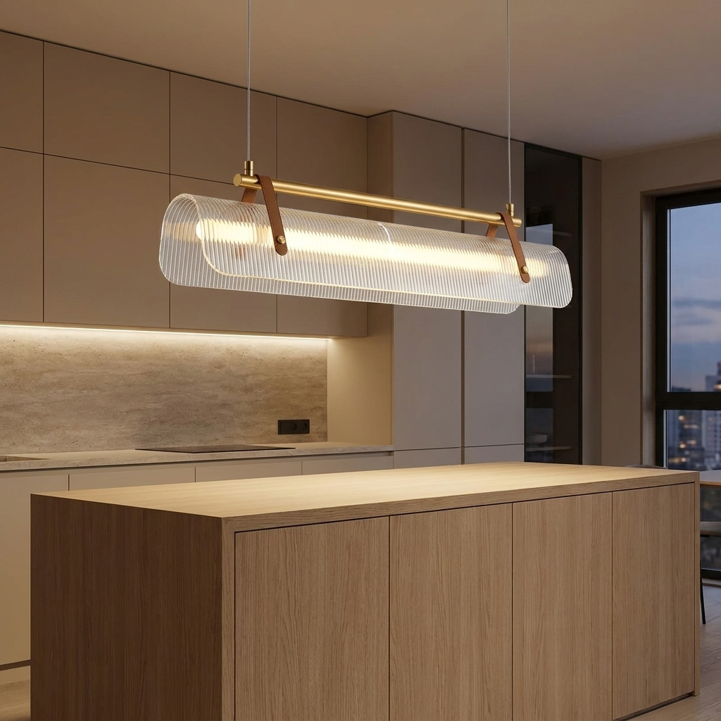 Spring pendant light lit above a kitchen island