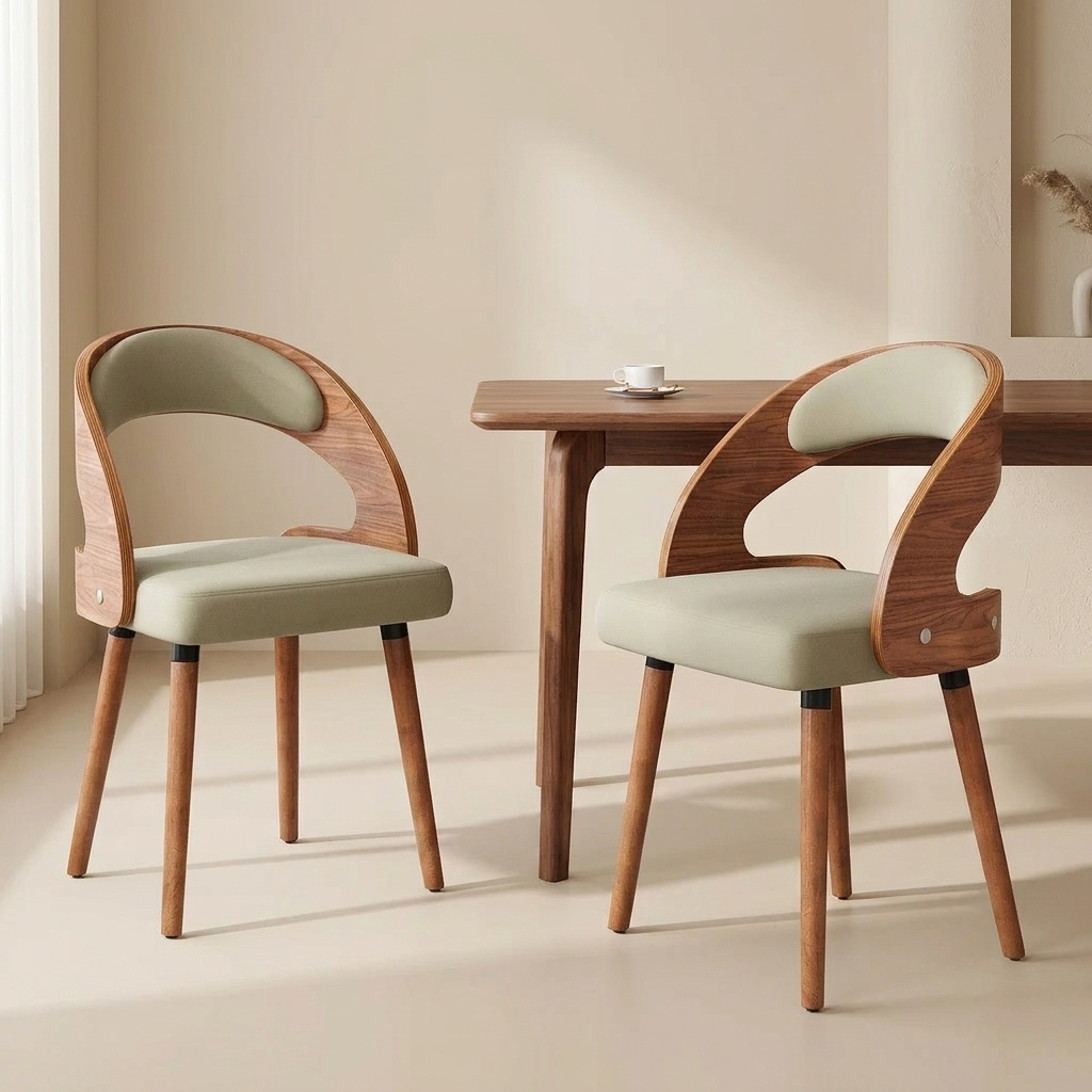 Forth wood dining chairs at a walnut dining table in soft daylight