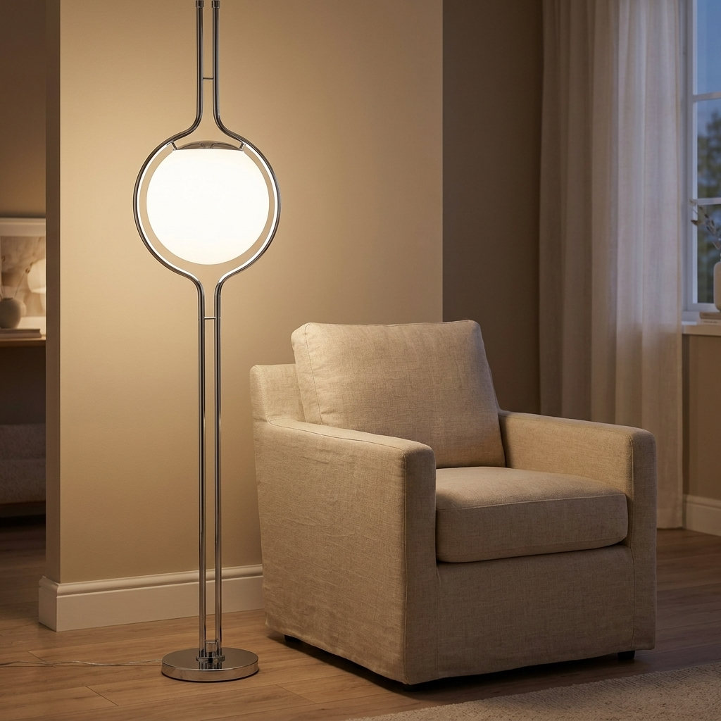 Gloam floor lamp lit beside a linen armchair in a warm neutral living room