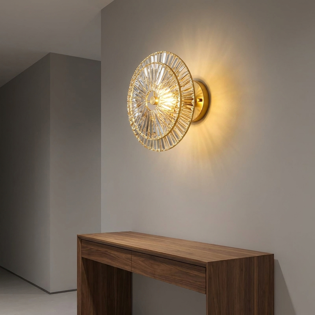Sona wall light above a walnut console in a hallway at night