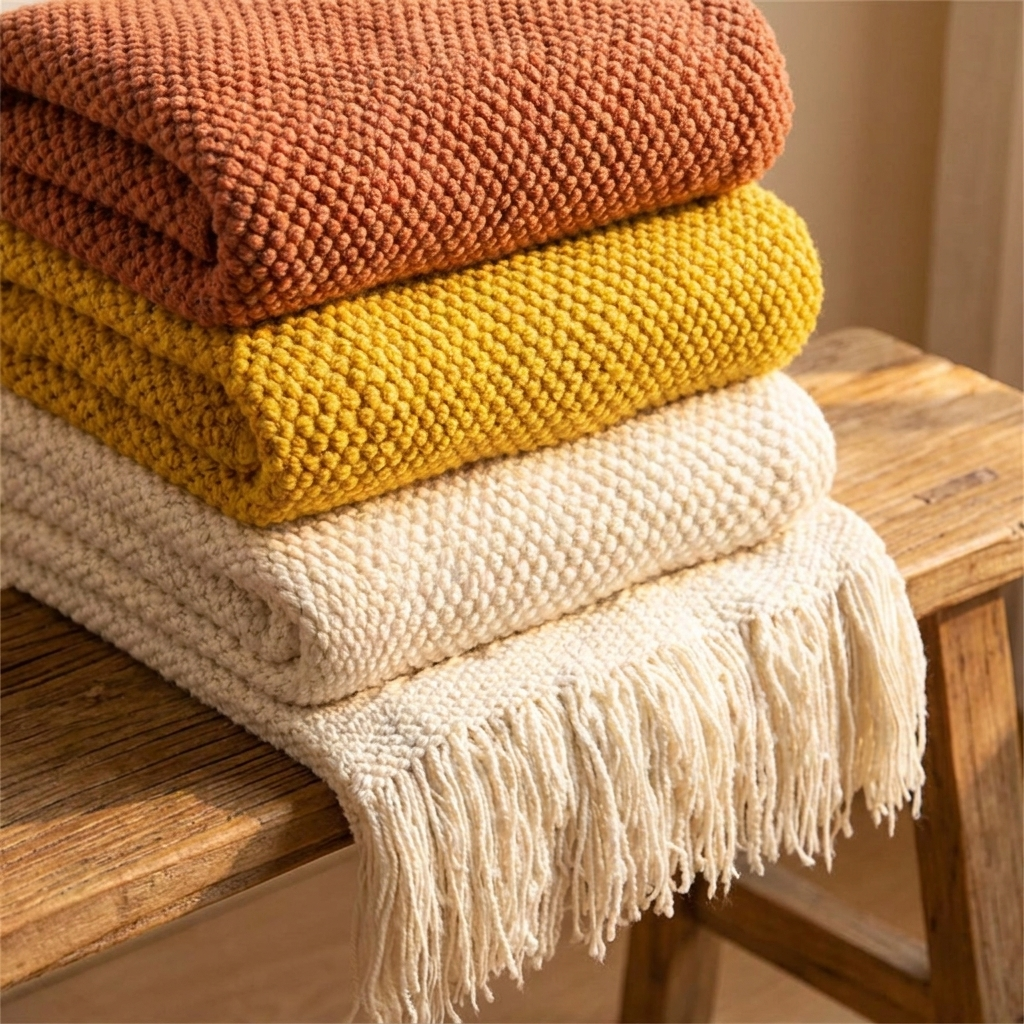 Skye throw folded on a wooden bench showing the weave and hem