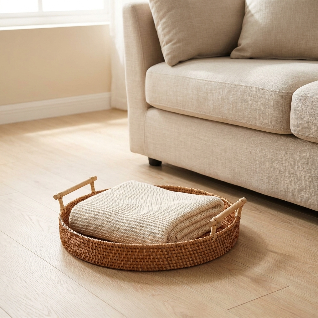Heath rattan storage basket beside a linen sofa holding a folded throw