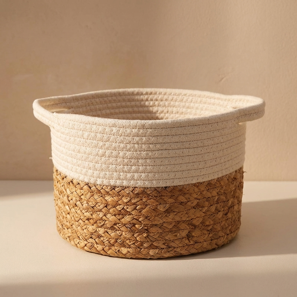Cotton storage basket close view showing the rope texture and handles